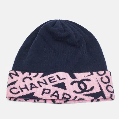 Pre-owned Chanel Navy Blue/pink Cc Intarsia Cashmere Beanie