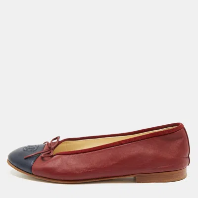 Pre-owned Chanel Navy Blue/red Leather Cc Cap Toe Bow Ballet Flats Size 38