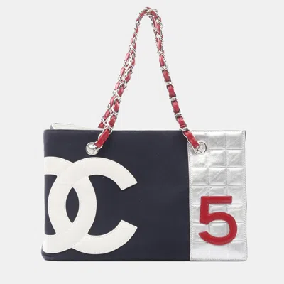 Pre-owned Chanel Navy Blue/red/silver Canvas Leather No.5 Chocolate Bar Chain Tote Bag Cc