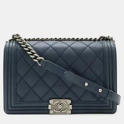 Pre-owned Chanel Navy Calfskin Leather Matelassé Coco Mark Wild Stitch Chain Shoulder Bag In Blue