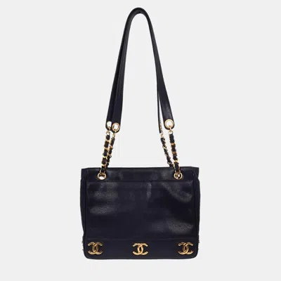 Pre-owned Chanel Navy Calfskin Triple Cc Shoulder Tote Bag In Blue