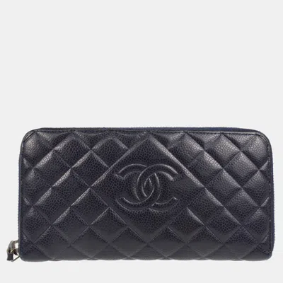 Pre-owned Chanel Navy Calfskin Zip Around Long Wallet In Blue
