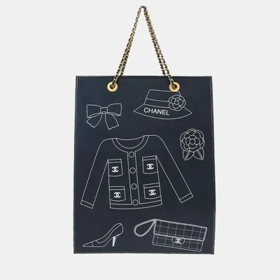 Pre-owned Chanel Navy Canvas And Leather Icon Chain Tote Bag In Navy Blue