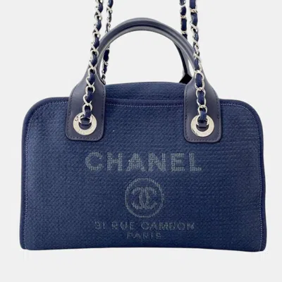 Pre-owned Chanel Navy Canvas Leather Deauville Chain Bag In Navy Blue