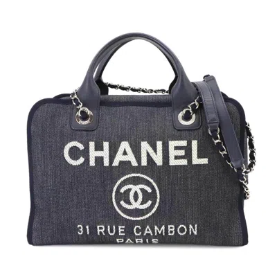 Pre-owned Chanel Navy Canvas Leather Shoulder Bag () In Blue