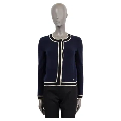 Pre-owned Chanel Navy Cashmere 2002 02c Contrast Trim Cardigan Sweater 36 Xs In Blue