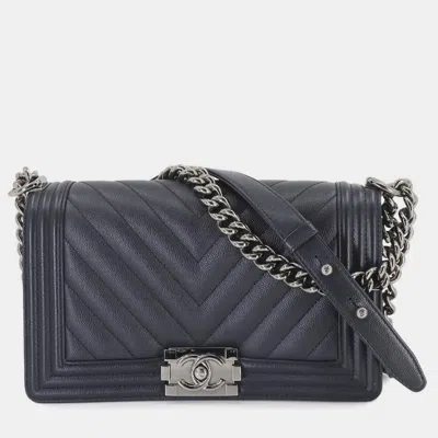 Pre-owned Chanel Navy Caviar Skin Chevron Boy Chain Shoulder Bag In Navy Blue