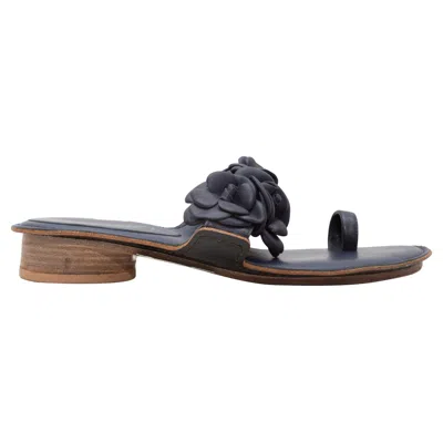Pre-owned Chanel Navy  Camellia Heeled Sandals Size 35 In Blue