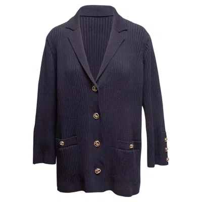 Pre-owned Chanel Navy  Cotton Rib Knit Cardigan Size Fr 48 In Blue