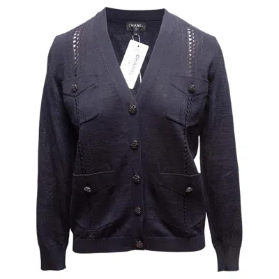 Pre-owned Chanel Navy  Cotton V-neck Cardigan Size Fr 38 In Blue