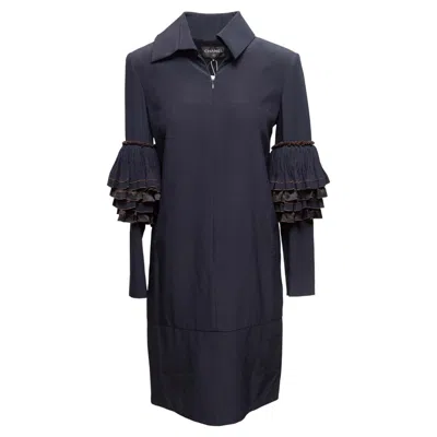 Pre-owned Chanel Navy  Silk Ruffle-trimmed Zip Coat Size Fr 36 In Blue