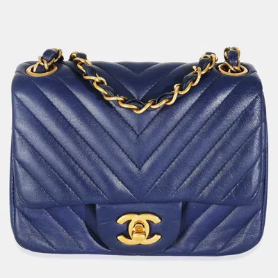 Pre-owned Chanel Navy Chevron Lambskin Mini Square Flap Bag In Blue