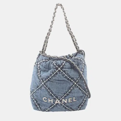 Pre-owned Chanel Navy Denim 22 Shoulder Bag In Blue