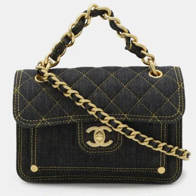 Pre-owned Chanel Navy Denim Leather Chain Shoulder Bag In Navy Blue