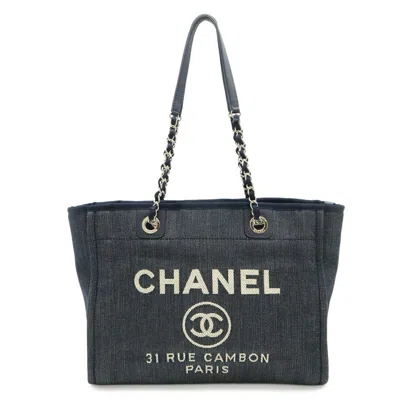 Pre-owned Chanel Navy Denim Leather Shoulder Bag Tote Bag () In Blue
