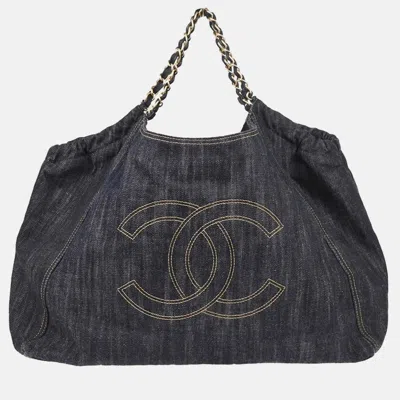 Pre-owned Chanel Navy Denim Tote Handbag In Blue