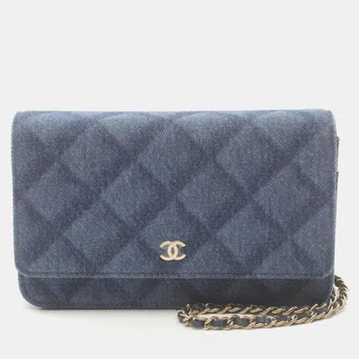 Pre-owned Chanel Navy Denim Wallet On Chain Bag