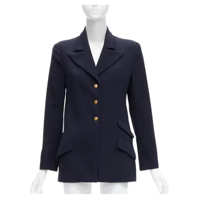Pre-owned Chanel Navy Gold Cc Buttons Flap Pockets Military Blazer Jacket Fr38 M In Blue