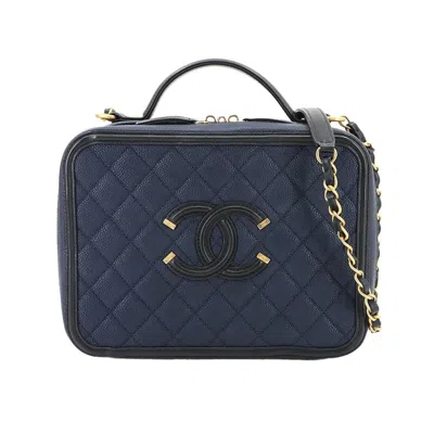Pre-owned Chanel Navy Grained Calfskin Leather Shoulder Bag () In Blue