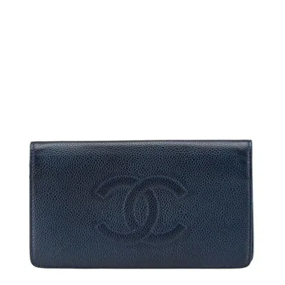 Pre-owned Chanel Navy Grained Calfskin Long Wallet (bi-fold) ()