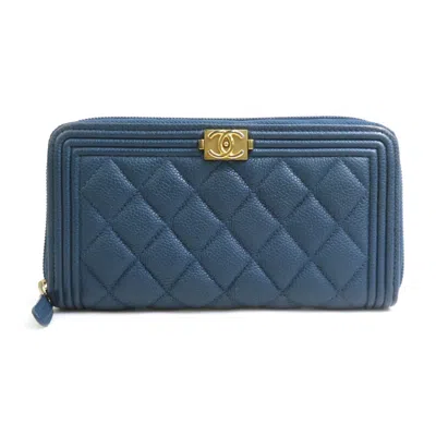 Pre-owned Chanel Navy Grained Calfskin Long Wallet (bi-fold) () In Blue