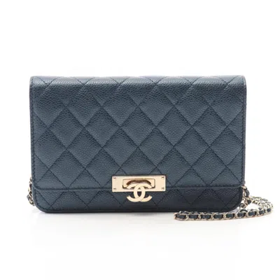 Pre-owned Chanel Navy Grained Calfskin Shoulder Bag () In Blue