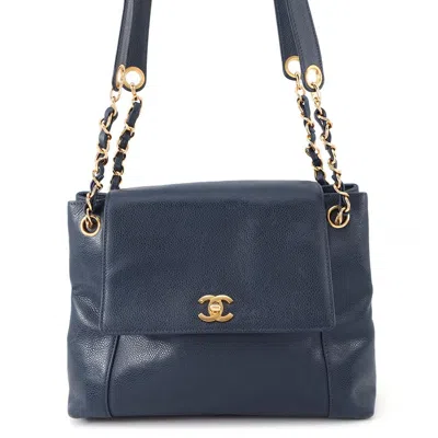 Pre-owned Chanel Navy Grained Calfskin Shoulder Bag () In Blue