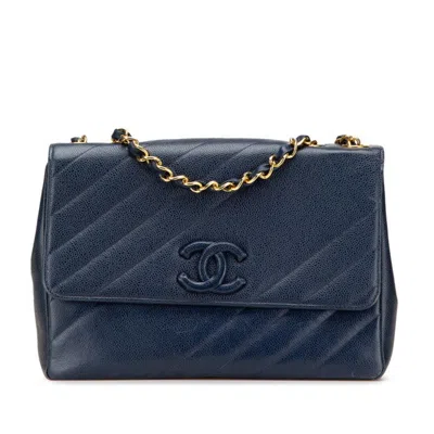 Pre-owned Chanel Navy Grained Calfskin Shoulder Bag () In Blue