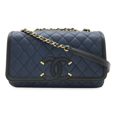 Pre-owned Chanel Navy Grained Calfskin Shoulder Bag () In Blue