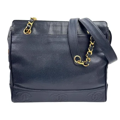 Pre-owned Chanel Navy Grained Calfskin Tote Bag () In Blue