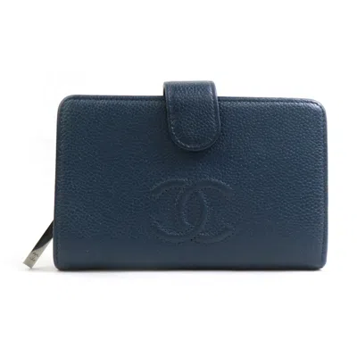 Pre-owned Chanel Navy Grained Calfskin Wallet (bi-fold) () In Blue