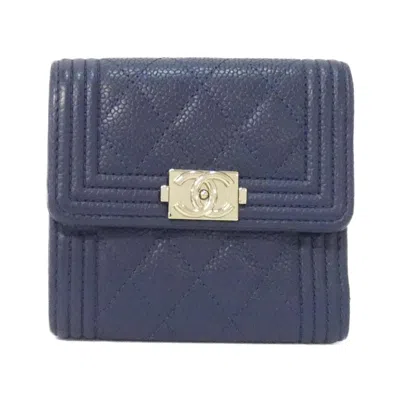 Pre-owned Chanel Navy Grained Calfskin Wallet (bi-fold) () In Blue