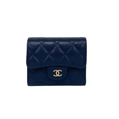 Pre-owned Chanel Navy Grained Calfskin Wallet (tri-fold) () In Blue