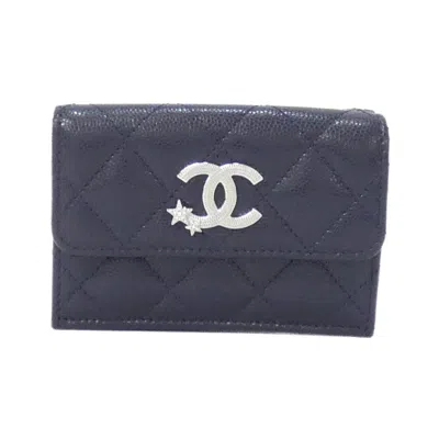 Pre-owned Chanel Navy Grained Calfskin Wallet (tri-fold) () In Blue
