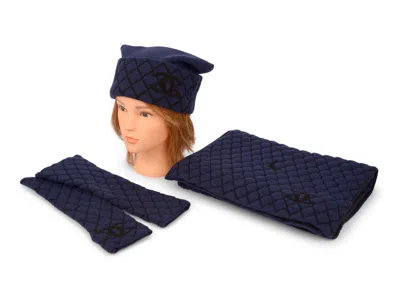 Pre-owned Chanel Navy Hat Gloves Scarf Knit Set In Blue
