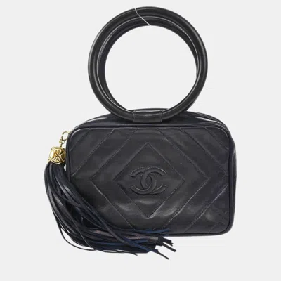 Pre-owned Chanel Navy Lambskin Fringe Handbag In Navy Blue