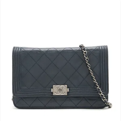 Pre-owned Chanel Navy Leather Chain/shoulder Wallet ()