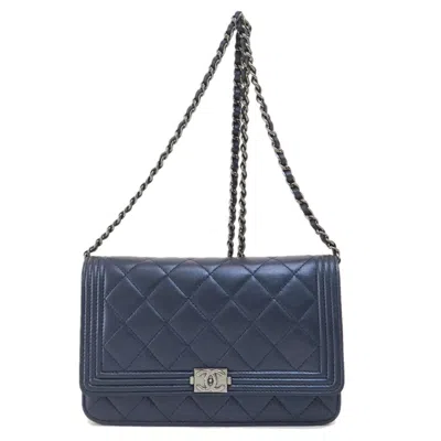 Pre-owned Chanel Navy Leather Chain/shoulder Wallet ()