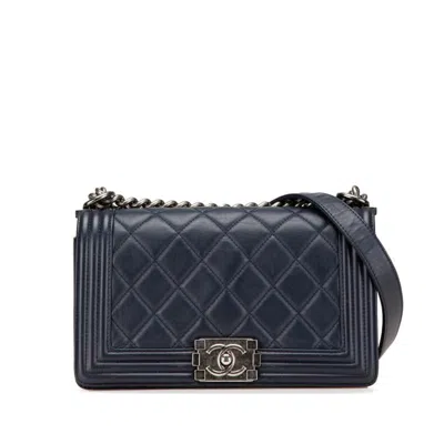 Pre-owned Chanel Navy Leather Handbag Shoulder Bag () In Blue