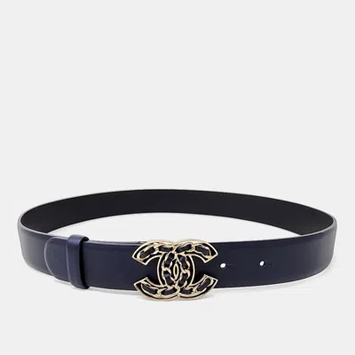 Pre-owned Chanel Navy Leather Logo Belt In Blue