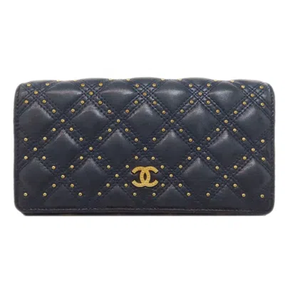 Pre-owned Chanel Navy Leather Long Wallet (bi-fold) () In Blue