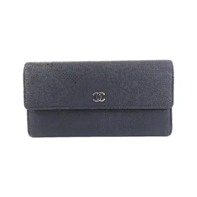 Pre-owned Chanel Navy Leather Long Wallet (bi-fold) () In Blue