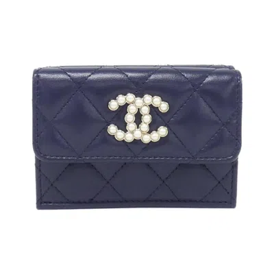 Pre-owned Chanel Navy Leather Wallet (tri-fold) () In Blue