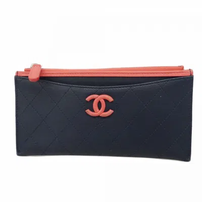 Pre-owned Chanel Navy Pink Leather Long Wallet (bi-fold) ()