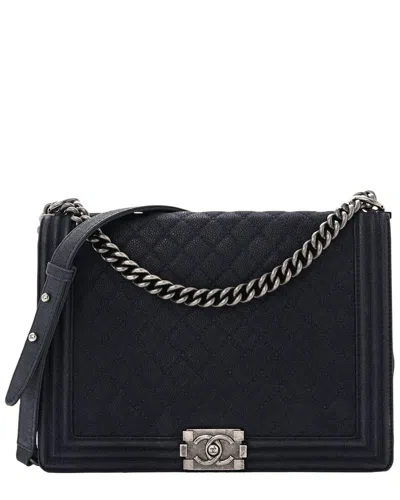 Pre-owned Chanel Navy Quilted Caviar Leather Iridescent Large Boy Flap Bag (authentic )