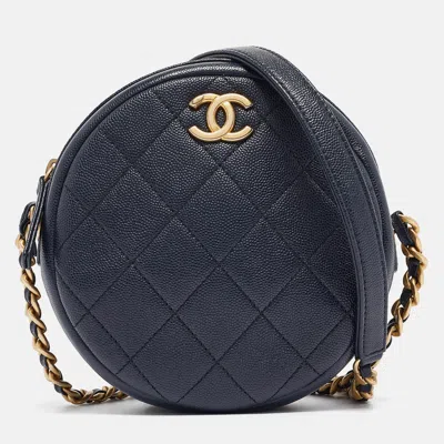 Pre-owned Chanel Navy Quilted Caviar Leather Round Camera Crossbody Bag In Blue