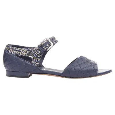 Pre-owned Chanel Navy Quilted Lambskin Leather Metallic Tweed Mary Jane Sandals Eu39 In Blue
