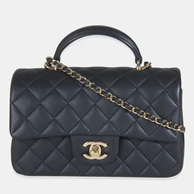 Pre-owned Chanel Navy Quilted Lambskin Mini Rectangular Top Handle In Blue