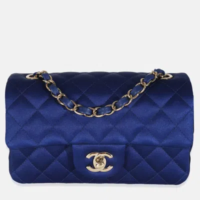 Pre-owned Chanel Navy Quilted Satin Mini Rectangular Classic Flap In Blue