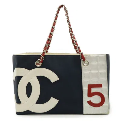 Pre-owned Chanel Navy Red Color Silver White Canvas Leather Shoulder Bag Tote Bag ()